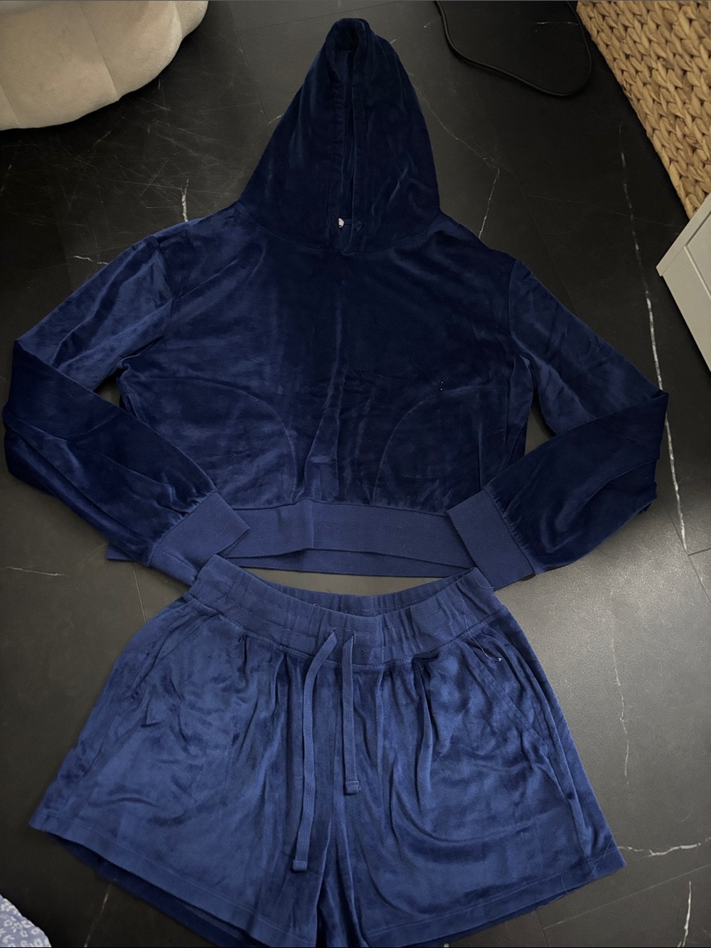 Splendid Navy Velour Hooded Crop Sweatshirt & Shorts Set